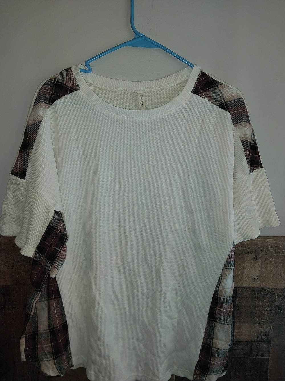 White Short Sleeve Tee with Plaid Accent - Women's Casual Top